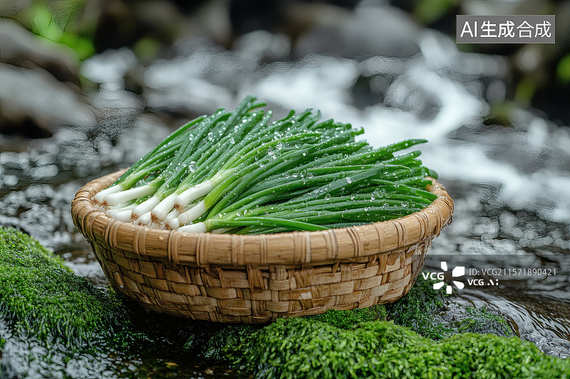 【AI数字艺术】山涧边，流水冲刷着岩石上小葱图片素材