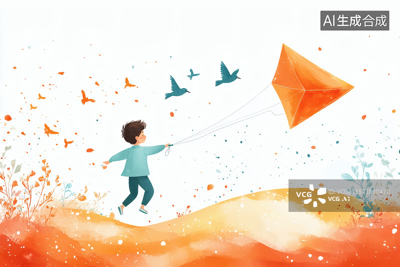 【AI数字艺术】小男孩在草地上欢快的放着风筝，儿童节背景图图片素材