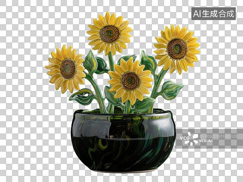 【AI数字艺术】梵高风格陶瓷琉璃向日葵花盆图片素材