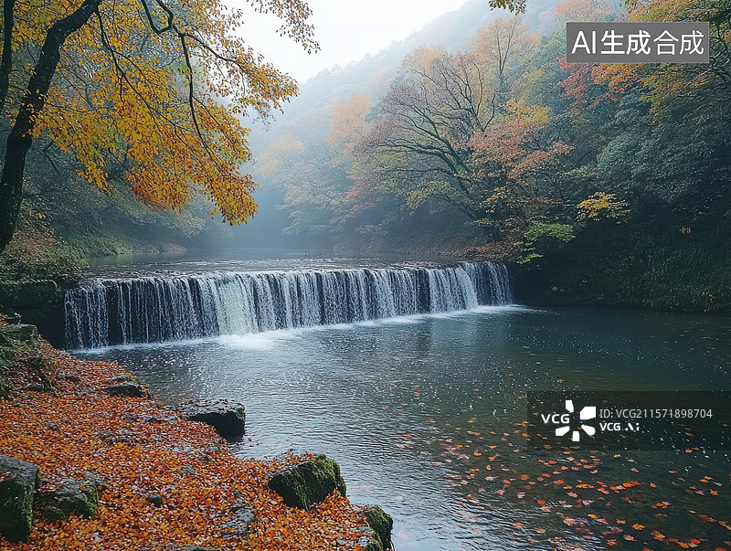【AI数字艺术】秋日森林中的小瀑布图片素材