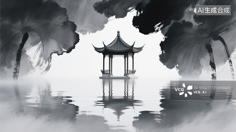 【AI数字艺术】水墨风新中式园林建筑元素凉亭阁楼图片素材