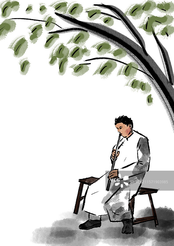 中国风新中式古风古典传统文化古装国学经典水墨风手绘水彩水痕故事家庭树下吹箫音乐乐器感觉插画图片素材