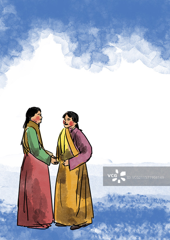 中国风新中式古风古典传统文化古装国学经典水墨风手绘水彩水痕故事家庭西藏传统服饰高原插画图片素材