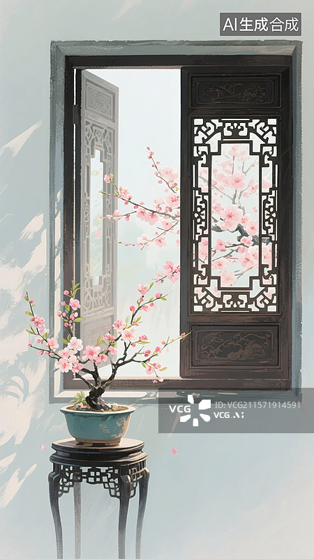 【AI数字艺术】窗畔春景：中式庭院的诗意图片素材