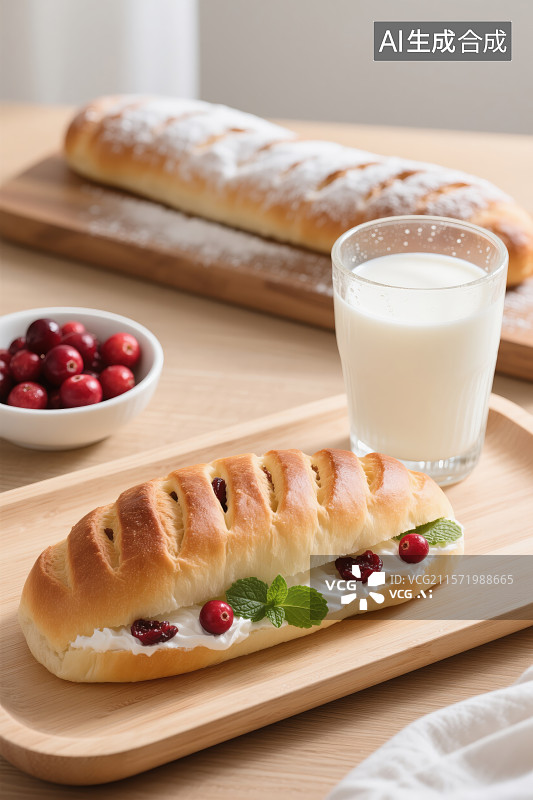 【AI数字艺术】清新蔓越莓奶油面包与牛奶的精致搭配图片素材