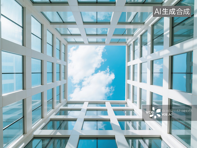 【AI数字艺术】几何透视：玻璃建筑中的天空之窗图片素材