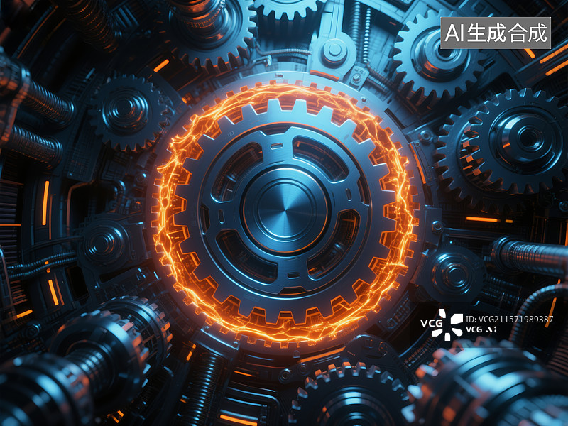 【AI数字艺术】霓虹齿轮：科技机械的核心律动图片素材