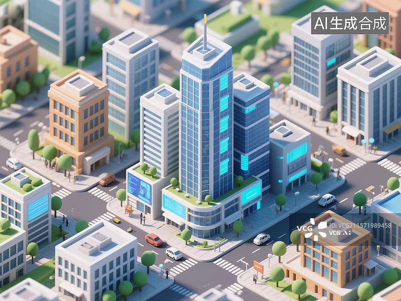 【AI数字艺术】卡通等距立体城市建筑群景观图片素材