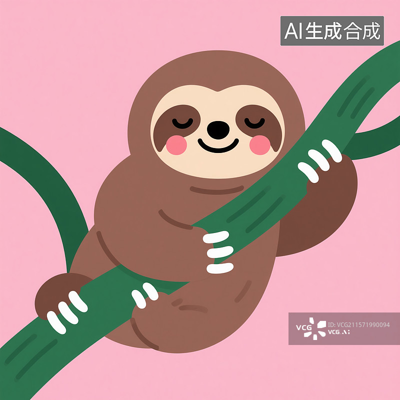 【AI数字艺术】卡通树懒抱枝可爱插画图片素材