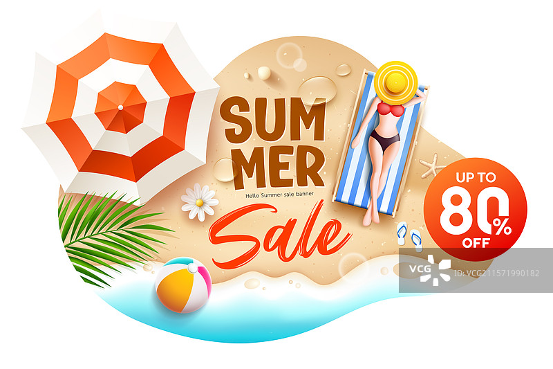 夏季促销沙滩伞和正在日光浴的女性图片素材