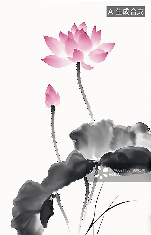 【AI数字艺术】水墨画写意荷花盛开插画图片素材