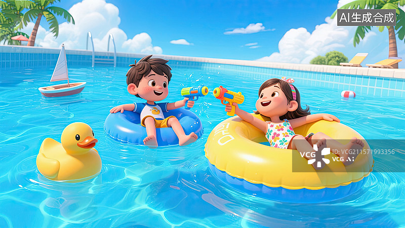 【AI数字艺术】男孩，女孩，游泳池，水枪，滋水图片素材