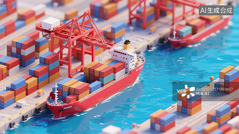 【AI数字艺术】集装箱码头，货物集装箱，远洋邮轮，微缩景观，插画图片素材