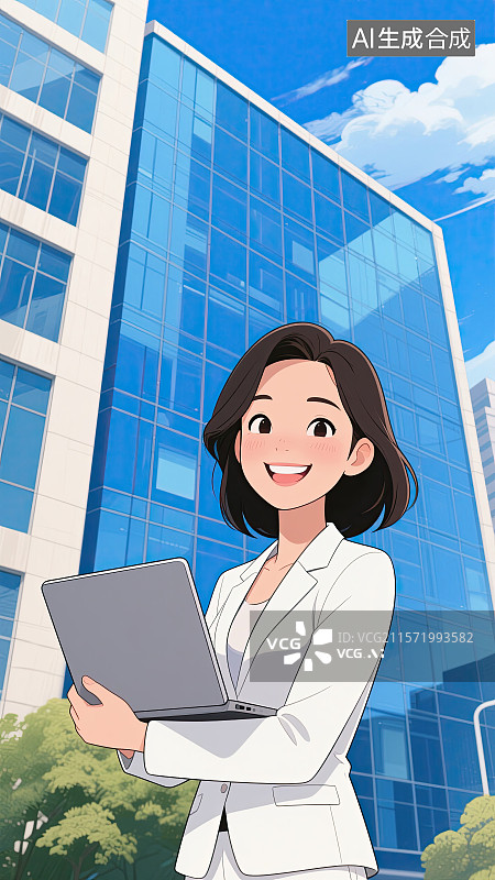 【AI数字艺术】白色西装，商务，美女，电脑，办公插画图片素材