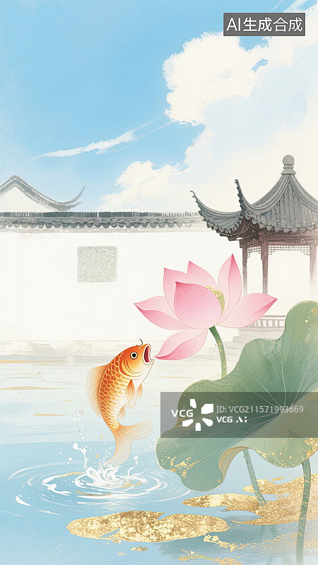 【AI数字艺术】国风，金鱼，跳跃，荷花，国潮风插画图片素材