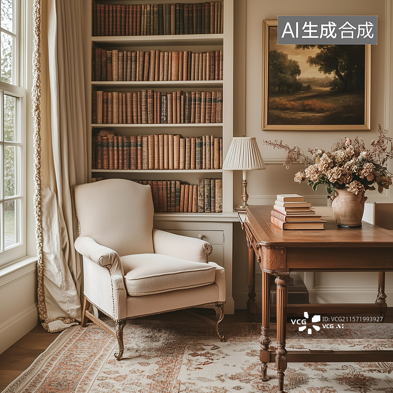 【AI数字艺术】复古奶油色书房雅韵图片素材