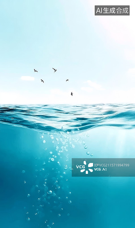 【AI数字艺术】海面与水下气泡，天空飞翔的鸟儿图片素材