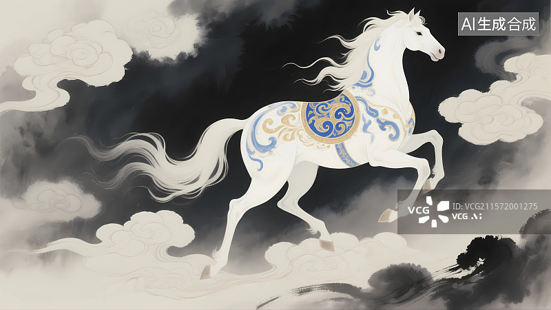 【AI数字艺术】脚踏祥云的生肖马水墨画图片素材