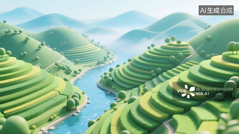 【AI数字艺术】绿色水稻梯田3D插画图片素材