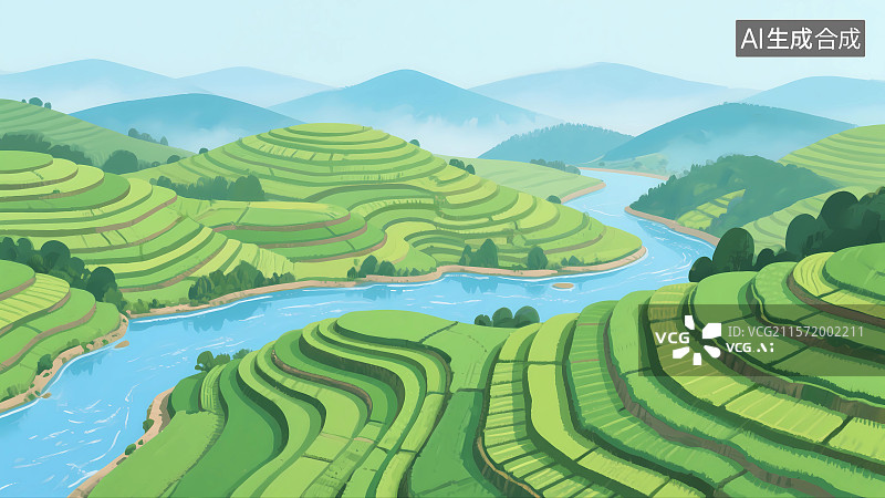 【AI数字艺术】绿色水稻梯田3D插画图片素材
