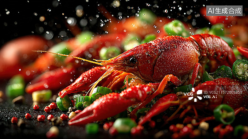 【AI数字艺术】木质餐桌上的麻辣小龙虾美食；经典美食夜宵小龙虾食物图片素材