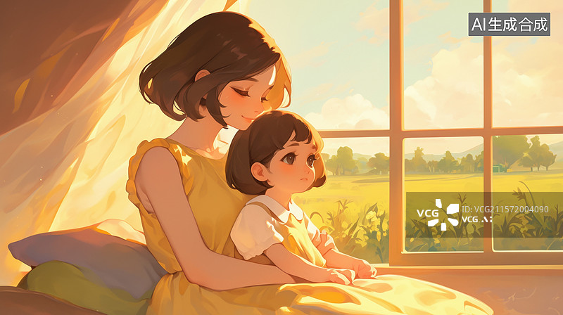 【AI数字艺术】窗边母女温馨时光图片素材