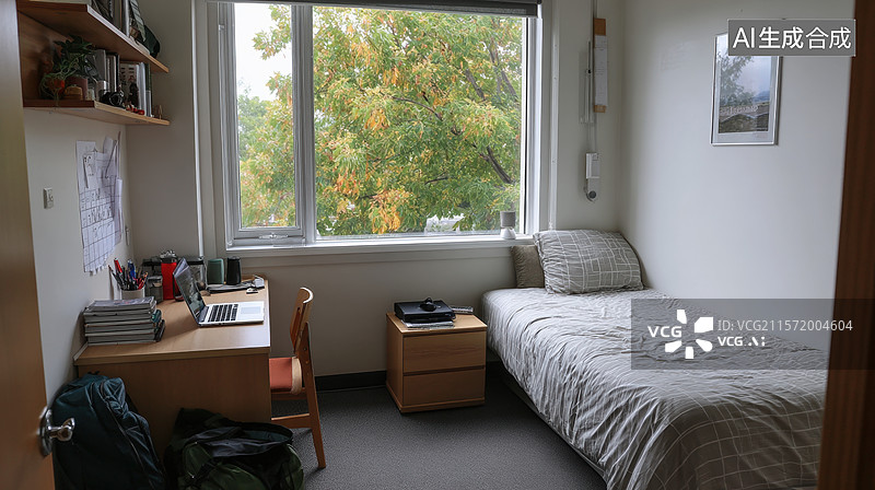 【AI数字艺术】简洁的单人卧室，窗外绿树成荫图片素材
