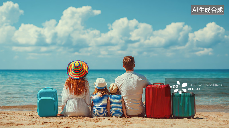 【AI数字艺术】一家四口坐在海边的沙滩上度假，家庭生活图片素材