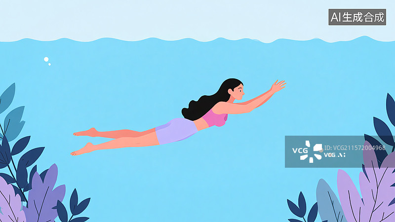 【AI数字艺术】扁平插画在水中游泳的女孩图片素材