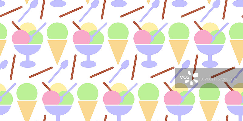 冰淇淋球、饼干筒和冰淇淋中的勺子图片素材