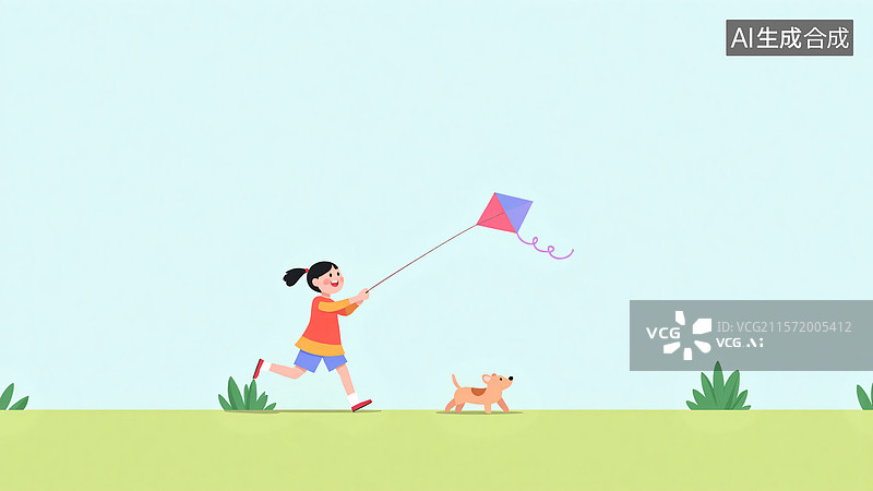 【AI数字艺术】扁平插画奔跑放风筝的女孩图片素材