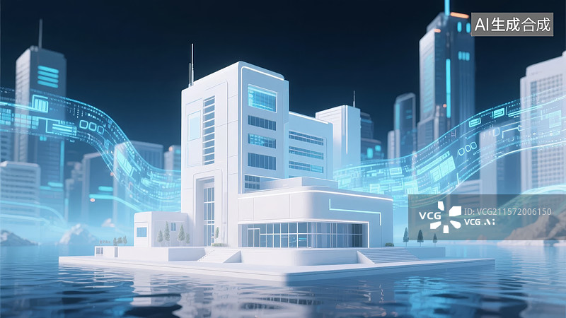 【AI数字艺术】未来城市夜景与数据流图片素材