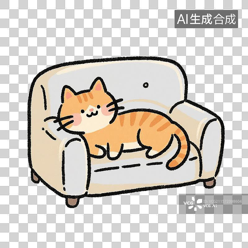 【AI数字艺术】治愈系手绘插画，卡通动物，一只小猫坐在沙发上，休息，放松，躺平，免抠元素图片素材