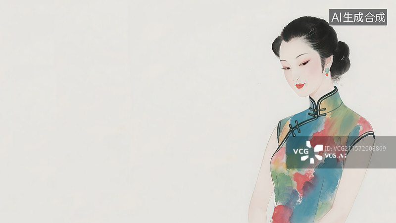 【AI数字艺术】水墨画居右海派美女图片素材
