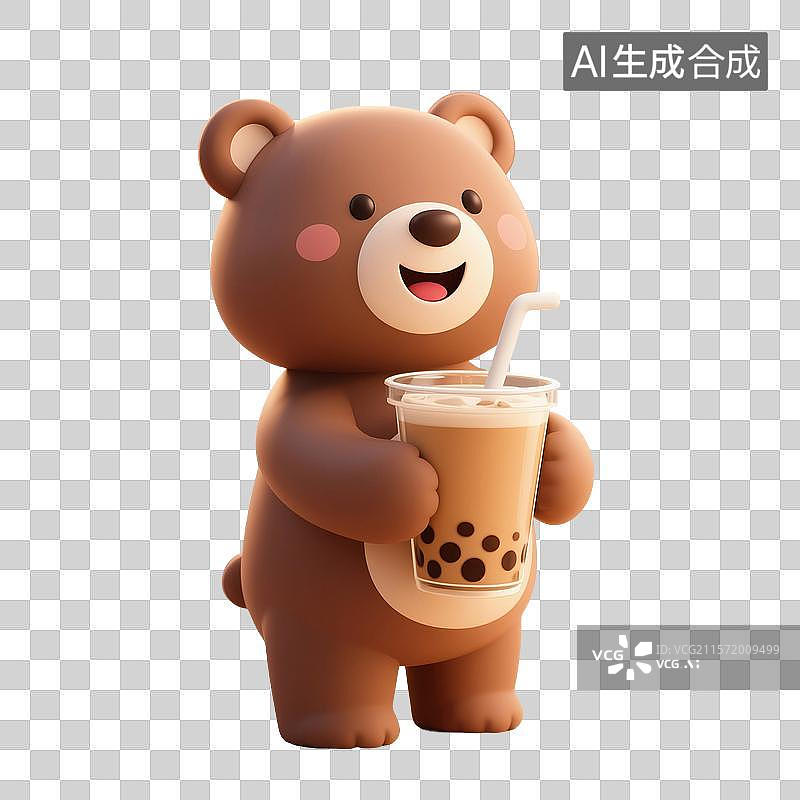 【AI数字艺术】3D渲染可爱的卡通动物，小熊手里拿着一杯奶茶，美食，食品，甜点心，免抠元素图片素材