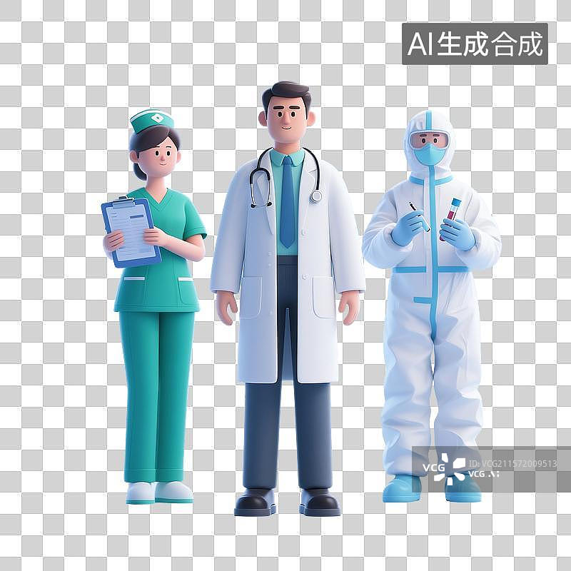 【AI数字艺术】3D渲染卡通人物，医生，护士，医学博士，医疗团队，研究团队，职业，劳动节，免抠元素图片素材