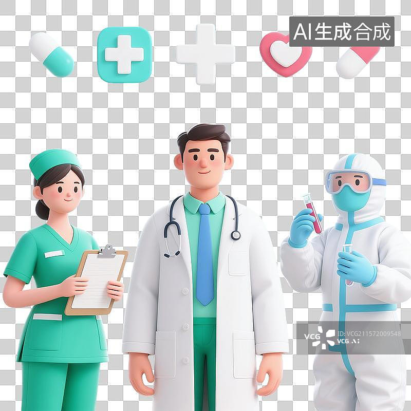 【AI数字艺术】3D渲染卡通人物，医生，护士，医学博士，医疗团队，研究团队，职业，劳动节，免抠元素图片素材