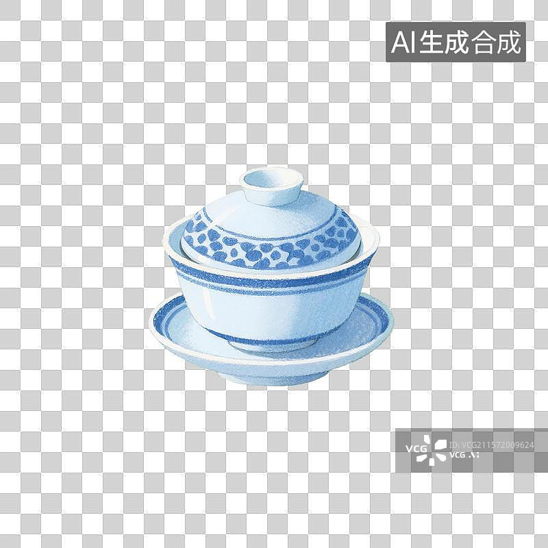 【AI数字艺术】国风手绘插画，盖碗茶，一个打开的青花瓷盖碗，茶盏，茶杯茶具，瓷器，茶道，茶文化，喝茶饮茶免抠元素图片素材