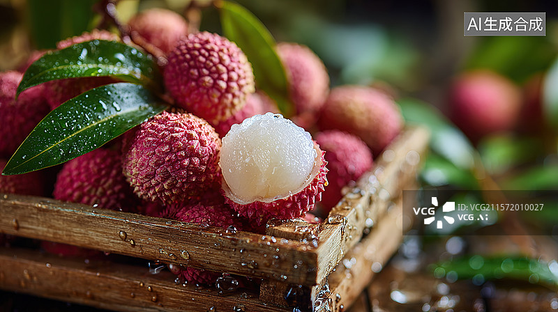【AI数字艺术】木质托盘上的新鲜水果荔枝；亚热带水果白糖罂、妃子笑、桂味、糯米糍荔枝图片素材