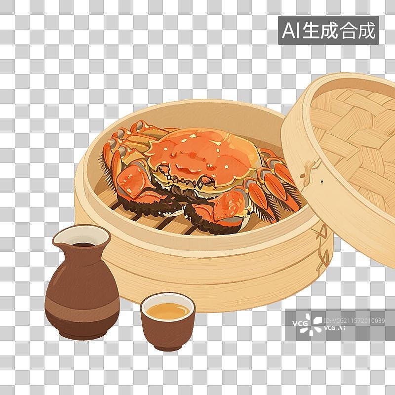【AI数字艺术】国风手绘插画，蒸笼里的大闸蟹和黄酒，传统美食，免抠元素图片素材