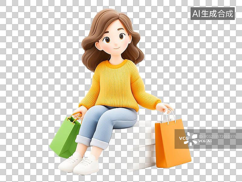 【AI数字艺术】【免抠png素材】一个坐着的3D卡通女生身边放着购物袋图片素材