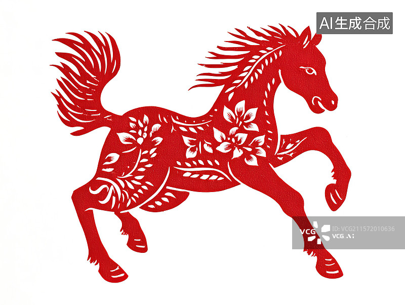 【AI数字艺术】剪纸马；中国传统文化剪纸艺术；十二生肖马；午马；中国农历新年；马元素剪纸插画图片素材