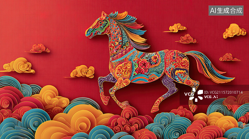 【AI数字艺术】剪纸马插画；中国传统文化剪纸艺术；十二生肖马；午马；中国农历新年；马元素剪纸插画图片素材