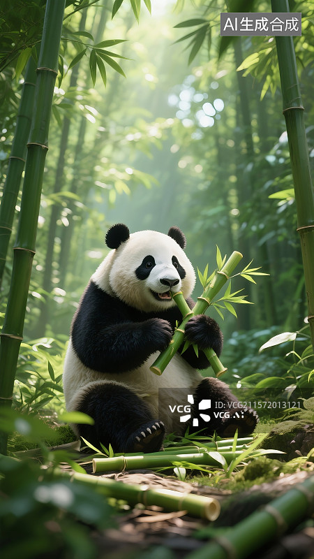 【AI数字艺术】3d渲染野生熊猫吃竹子的竹林图片素材