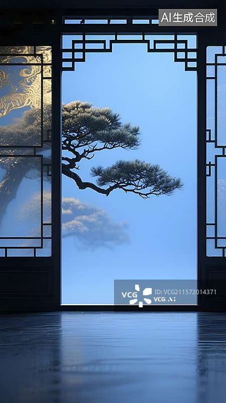 【AI数字艺术】中式风格室内的松景窗景画面图片素材