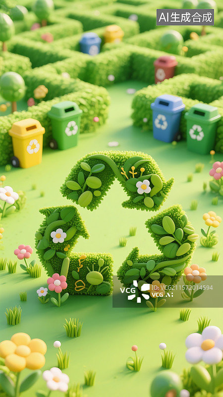 【AI数字艺术】环境保护植物组成回收标志周围小草远处绿色植物迷宫图片素材