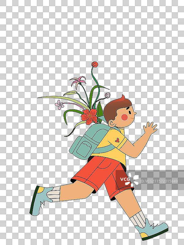 背着散发花朵的书包向前奔跑的男孩图片素材