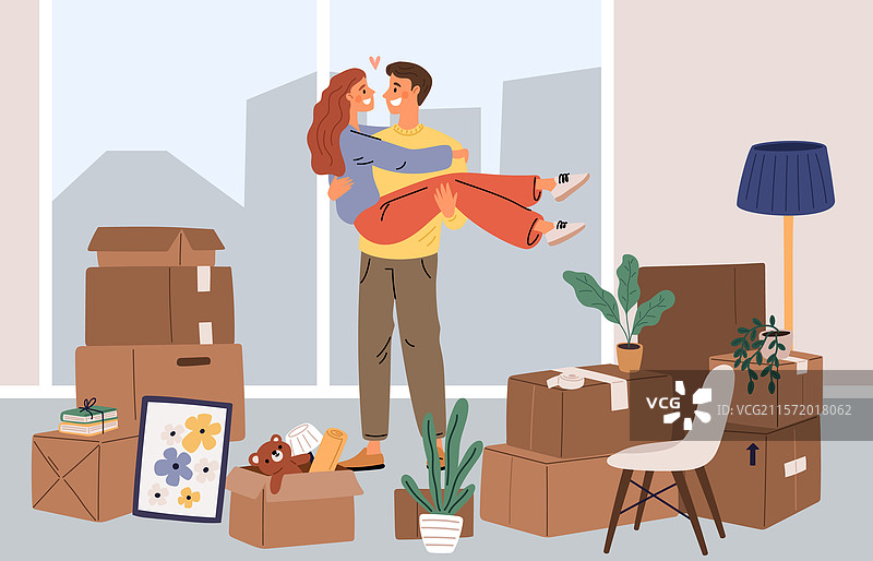 年轻快乐的情侣搬进新家，箱子堆成一堆图片素材