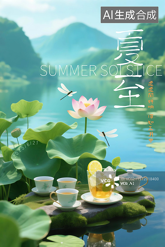 【AI数字艺术】夏至节气海报冰茶荷花茶具湖景山景图片素材