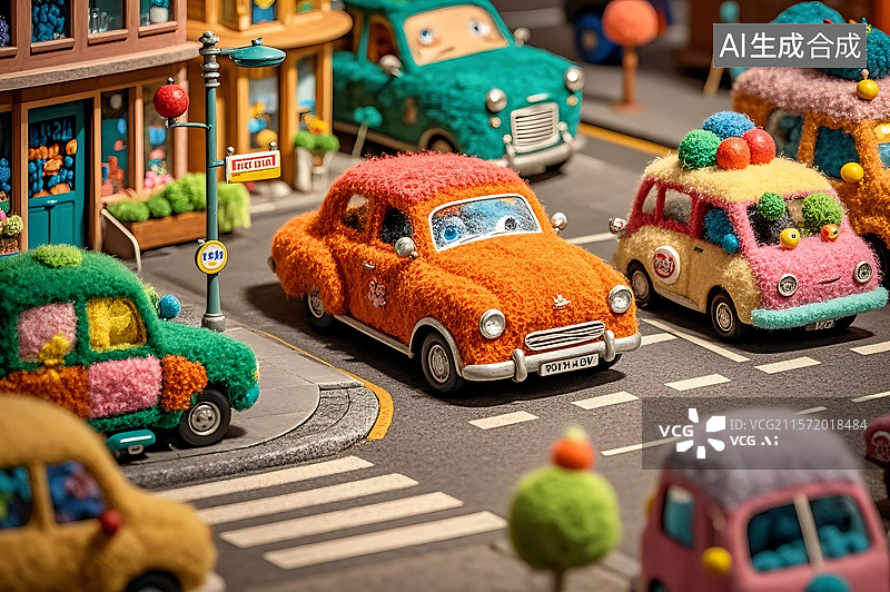 【AI数字艺术】毛绒玩具车交通场景图片素材